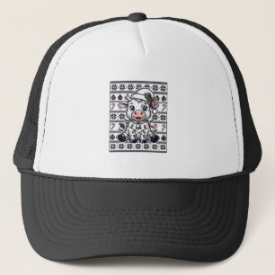 Vintage Engraved Christmas Cow Ugly Sweater Design Trucker Hat