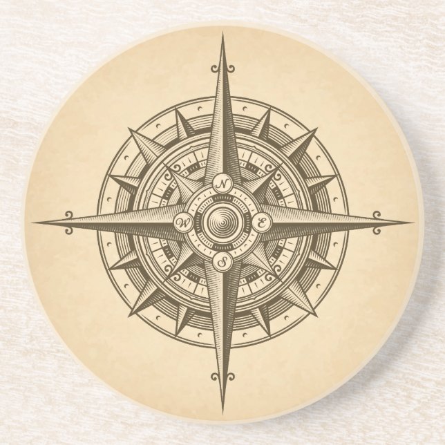Vintage Engraved Compass Rose Coaster (Front)