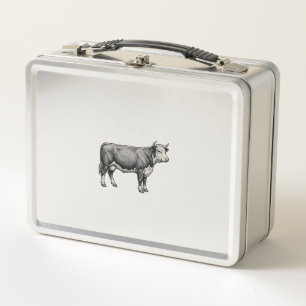 Vintage Engraved Cow Patriotic Flag Vector Design_ Metal Lunch Box