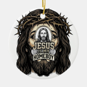 Vintage Engraved Crowned Holy Face Vector Design_1 Ceramic Tree Decoration