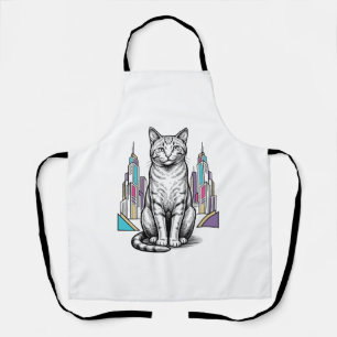Vintage Engraved Cyber Cat City Vector Art_1 Apron