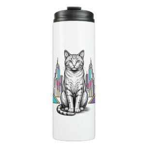 Vintage Engraved Cyber Cat City Vector Art_1 Thermal Tumbler