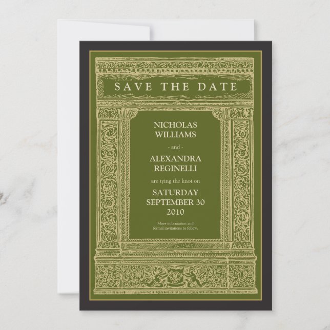 Vintage Engraved Frame Save the Date (olive/gold) (Front)