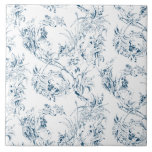 Vintage Engraved French Floral Fantasy Toile-Blue Tile<br><div class="desc">Elegant vintage 19th century blue-on-white toile pattern adapted from a French drawing in the Smithsonian collection featuring fantasy flowers,  leaves and vines with a cupid,  indigenous warrior and human figures.</div>
