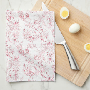 Vintage Engraved French Floral Fantasy Toile-Pink  Tea Towel
