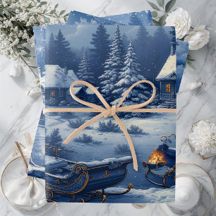 Vintage Engraved French Toile Snow Covered Cottage Wrapping Paper Sheet