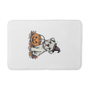Vintage Engraved Halloween Bulldog Pumpkin Design_ Bath Mat