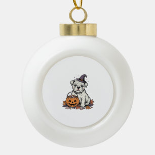 Vintage Engraved Halloween Bulldog Pumpkin Design_ Ceramic Ball Christmas Ornament