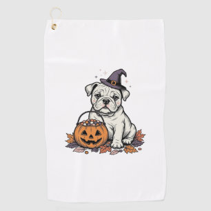 Vintage Engraved Halloween Bulldog Pumpkin Design_ Golf Towel