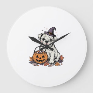 Vintage Engraved Halloween Bulldog Pumpkin Design_ Large Clock