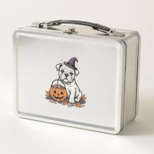 Vintage Engraved Halloween Bulldog Pumpkin Design_ Metal Lunch Box