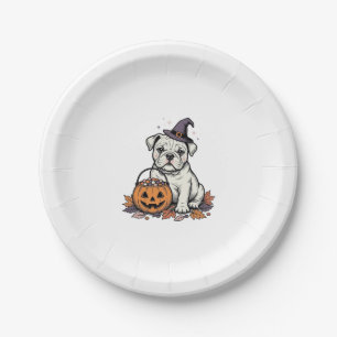 Vintage Engraved Halloween Bulldog Pumpkin Design_ Paper Plate