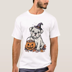 Vintage Engraved Halloween Bulldog Pumpkin Design_ T-Shirt