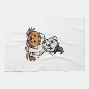Vintage Engraved Halloween Bulldog Pumpkin Design_ Tea Towel