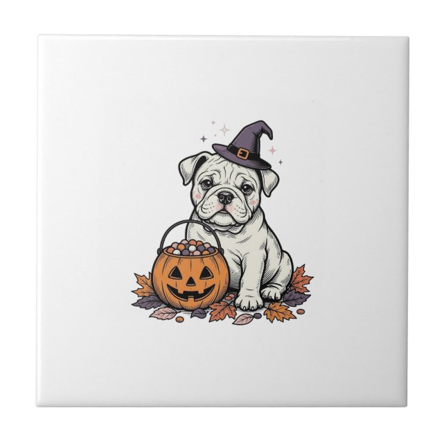 Vintage Engraved Halloween Bulldog Pumpkin Design_ Tile (Front)