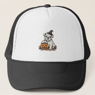 Vintage Engraved Halloween Bulldog Pumpkin Design_ Trucker Hat