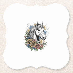 Vintage Engraved Horse Floral Vector Shirt Design_ Paper Coaster