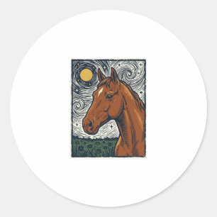 Vintage Engraved Horse Starry Night Art Design Classic Round Sticker