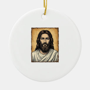 Vintage Engraved Religious Portrait Shirt Design_1 Ceramic Tree Decoration