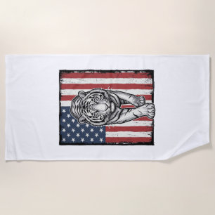 Vintage Engraved Tiger American Flag Patriotic Des Beach Towel