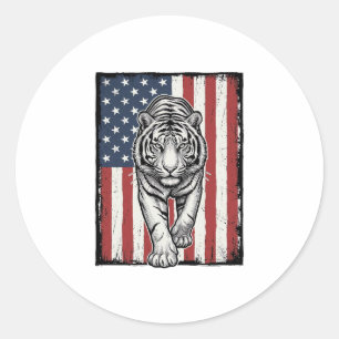 Vintage Engraved Tiger American Flag Patriotic Des Classic Round Sticker