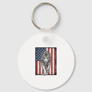 Vintage Engraved Tiger American Flag Patriotic Des Key Ring