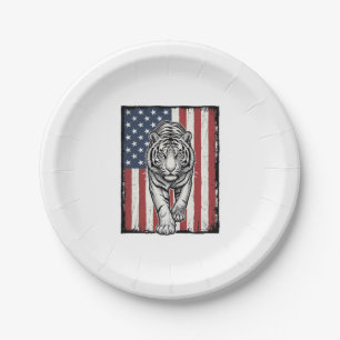 Vintage Engraved Tiger American Flag Patriotic Des Paper Plate