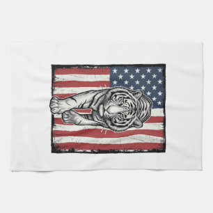 Vintage Engraved Tiger American Flag Patriotic Des Tea Towel