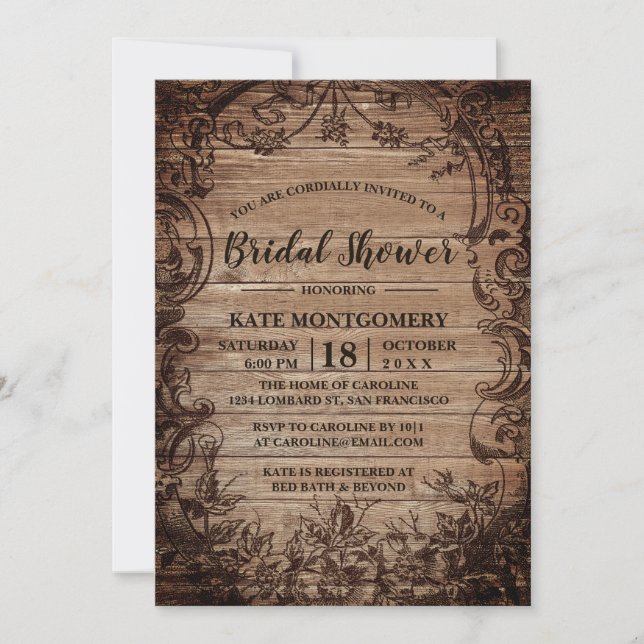 Vintage Engraved Wood Rustic Bridal Shower Invitation (Front)