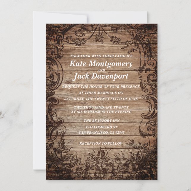 Vintage Engraved Wood Wedding Invitation (Front)