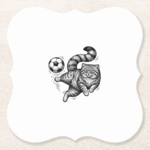 Vintage Engraving Cat Soccer Kick Shirt Design (4) Paper Coaster