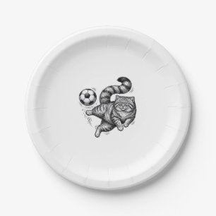 Vintage Engraving Cat Soccer Kick Shirt Design (4) Paper Plate