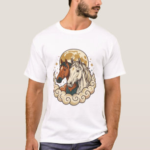 Vintage Engraving Cosmic Horses Moon Artwork T-Shirt
