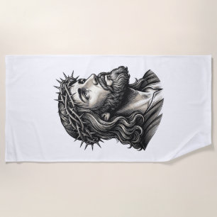 Vintage Engraving Crown of Thorns Portrait Design_ Beach Towel