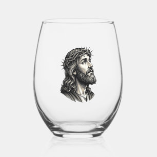 Vintage Engraving Crown of Thorns Portrait Design_ Stemless Wine Glass