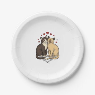 Vintage Engraving Cute Cat Couple Love Design_1 Paper Plate