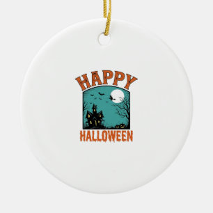 Vintage Engraving Happy Halloween Haunted House De Ceramic Tree Decoration