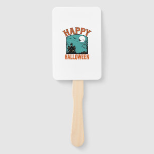 Vintage Engraving Happy Halloween Haunted House De Hand Fan