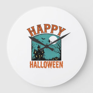 Vintage Engraving Happy Halloween Haunted House De Large Clock