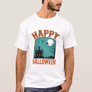Vintage Engraving Happy Halloween Haunted House De T-Shirt