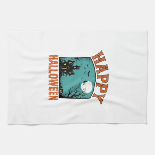 Vintage Engraving Happy Halloween Haunted House De Tea Towel
