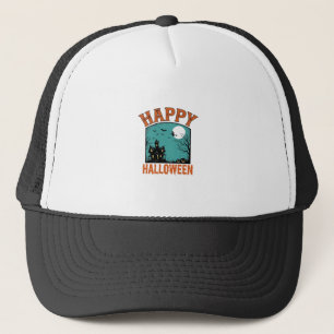 Vintage Engraving Happy Halloween Haunted House De Trucker Hat