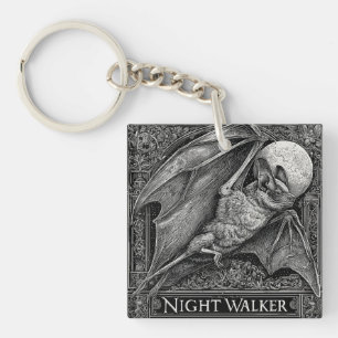 Vintage Engraving of a Bat Flying Under Full Moon Key Ring