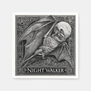 Vintage Engraving of a Bat Flying Under Full Moon Napkin