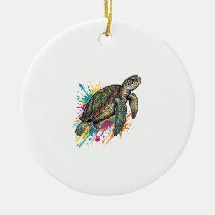 Vintage Engraving Sea Turtle Colour Splash Shirt_1 Ceramic Tree Decoration