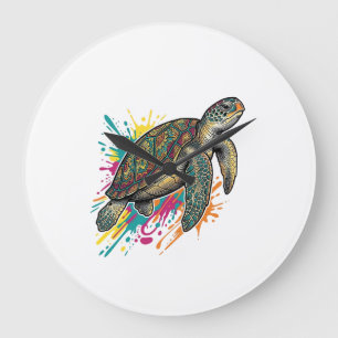 Vintage Engraving Sea Turtle Colour Splash Shirt_1 Large Clock