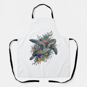 Vintage Engraving Sea Turtle Splash Vector Design_ Apron