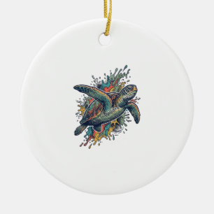 Vintage Engraving Sea Turtle Splash Vector Design_ Ceramic Tree Decoration