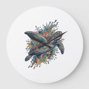 Vintage Engraving Sea Turtle Splash Vector Design_ Large Clock