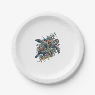 Vintage Engraving Sea Turtle Splash Vector Design_ Paper Plate